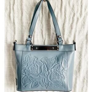 NWT Patricia Nash Rose Tooled Arden Safflower Blue Leather Tote P828347